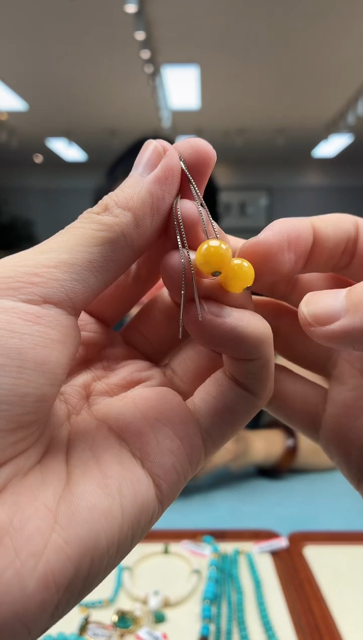 银S925镶嵌琥珀耳饰耳线