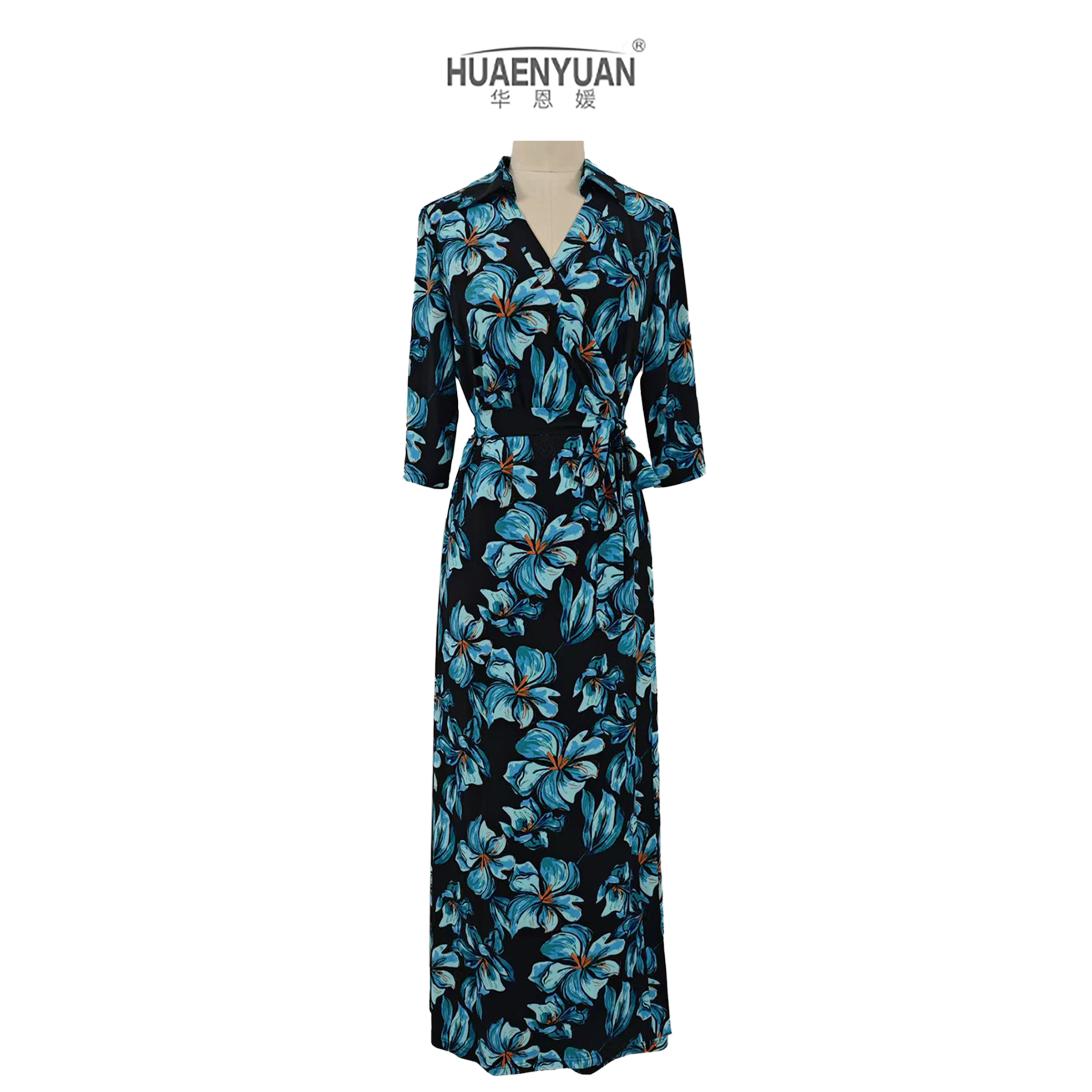【HUAENYUAN】#098裹身裙复古名媛风弹力黑底蓝花显瘦中袖连衣裙