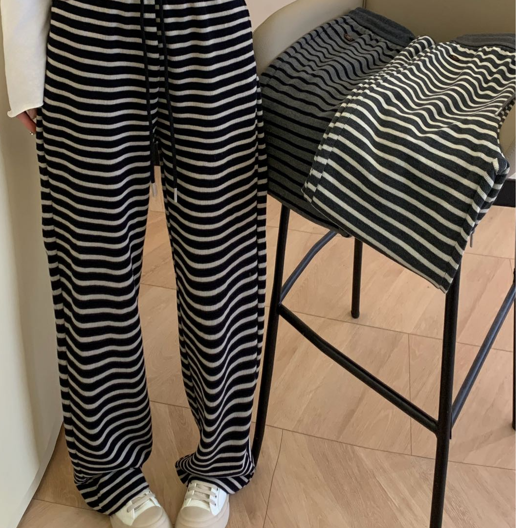 【春款上新】鸡蛋家女士撞色条纹直筒休闲裤10621