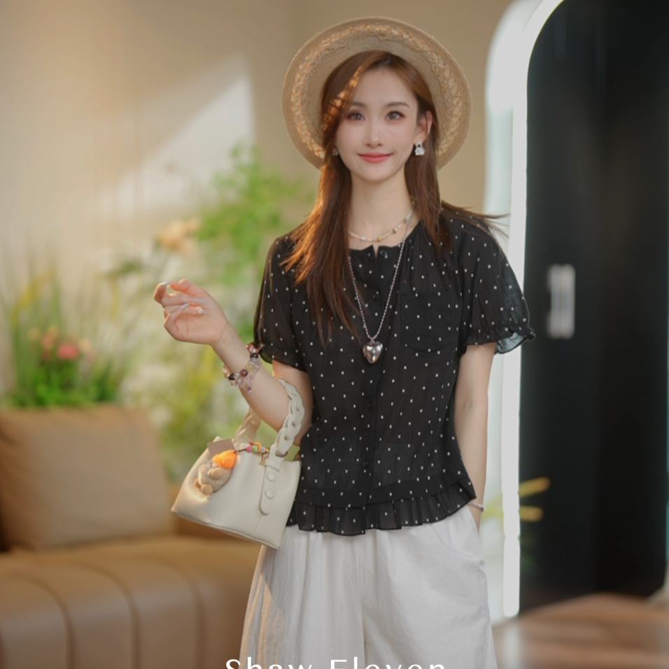 【Shaw Eleven】2025夏女装法式波点圆领口袋设计百搭衬衫上衣86011