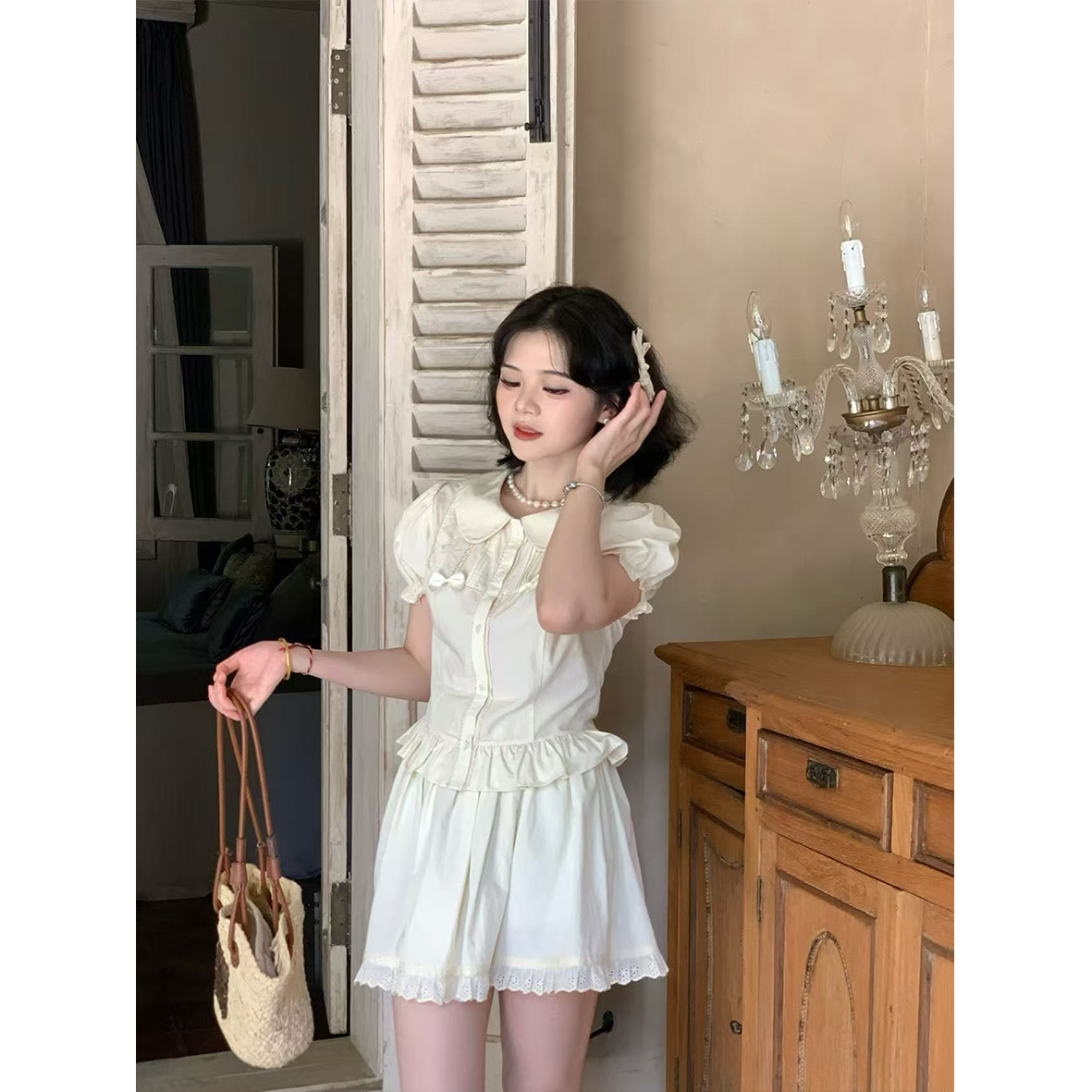 法式通勤时尚套装阔腿小众衬衫甜美短袖套装-67053