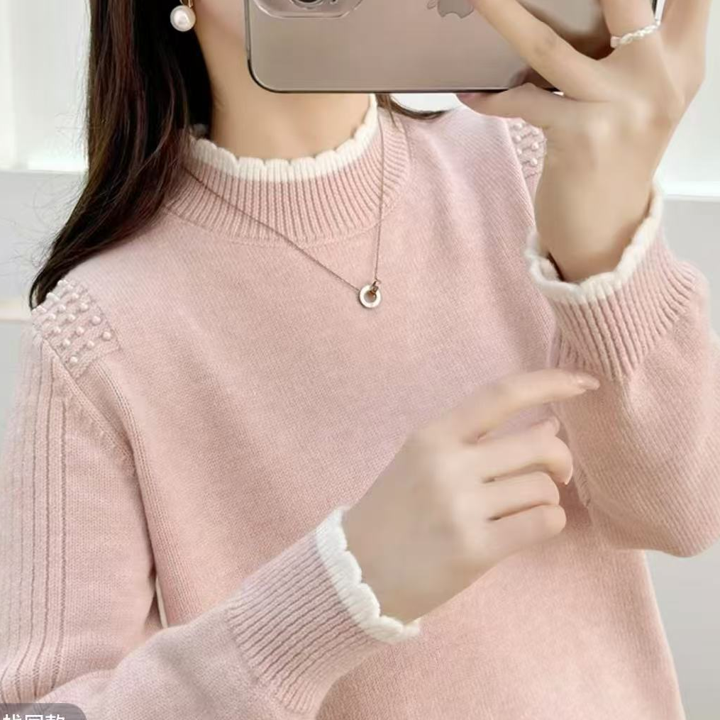 910#新款钉珠百搭半高领套头长袖针织衫46