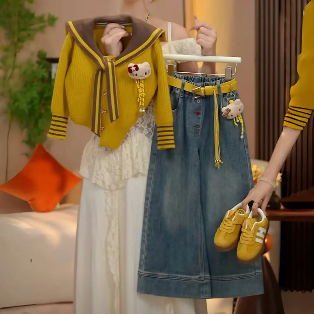 女童毛衣针织开衫牛仔裤秋季中大童百搭长袖上衣外套时髦