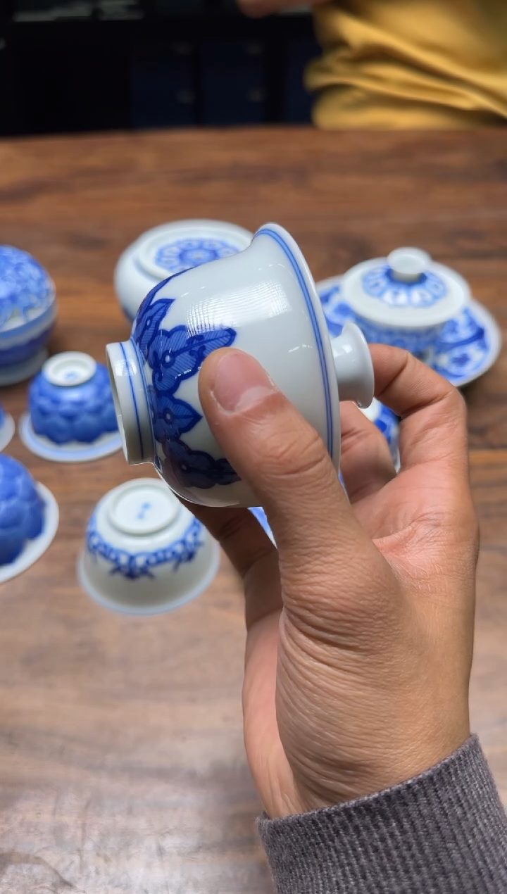 妙色 青花蕉叶纹 盖碗
