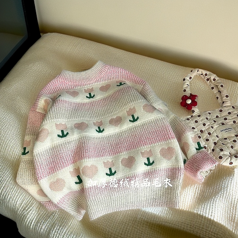女童秋冬毛衣花朵提花针织衫甜美加厚打底衫洋气上衣加德绒