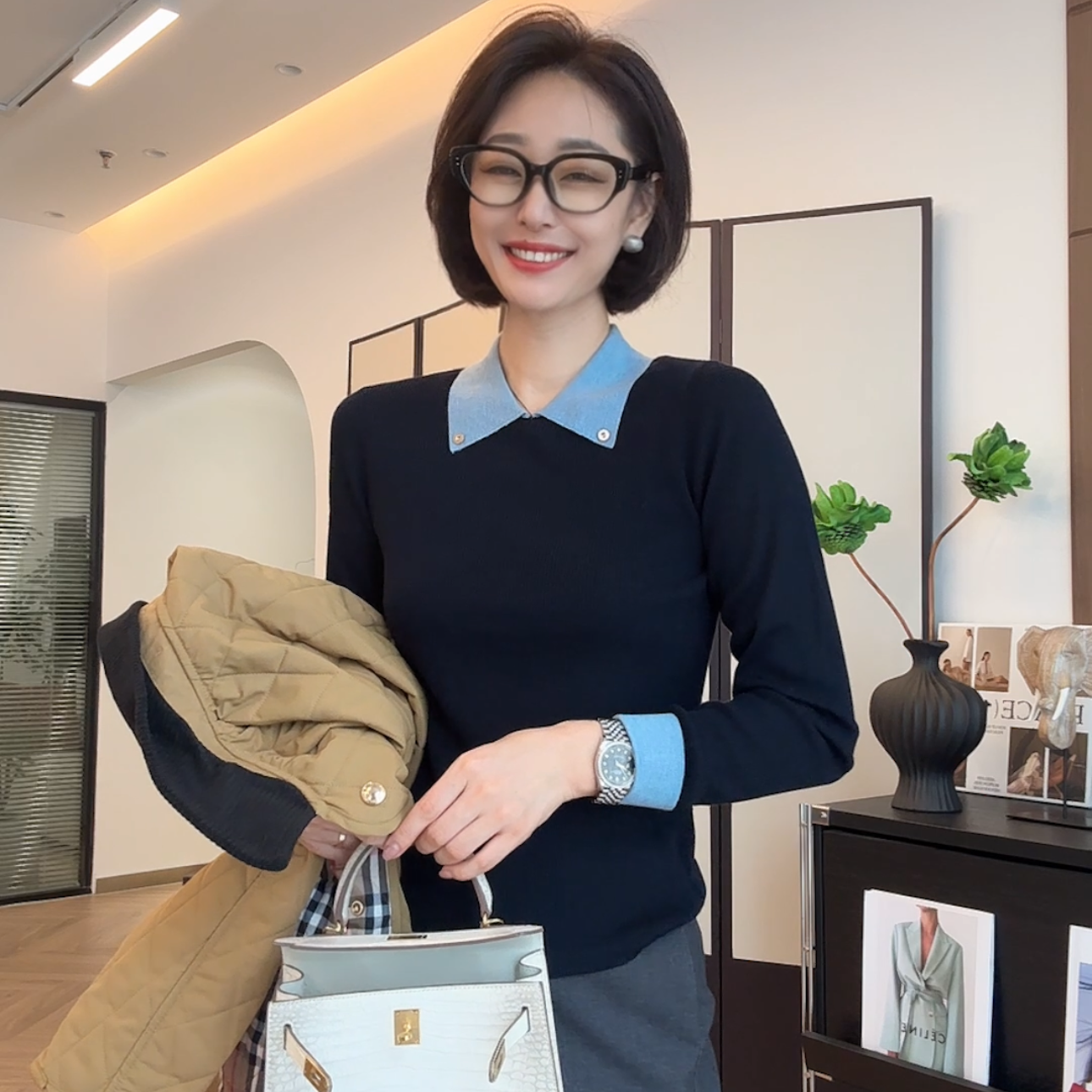 FIGO LOVE 撞色洋气百搭气质通勤显瘦坑条款针织上衣25028