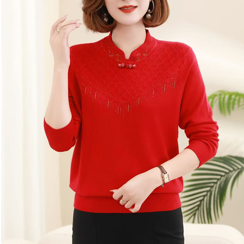 中老年女装新款针织打底衫秋冬套头毛衫妈妈时尚毛衣半领长袖毛衣