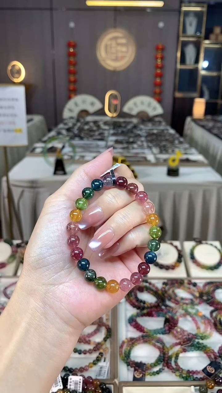 未镶嵌冰透体老矿碧玺色标彩虹单圈手串8mm+碧玺hon多样性发一条