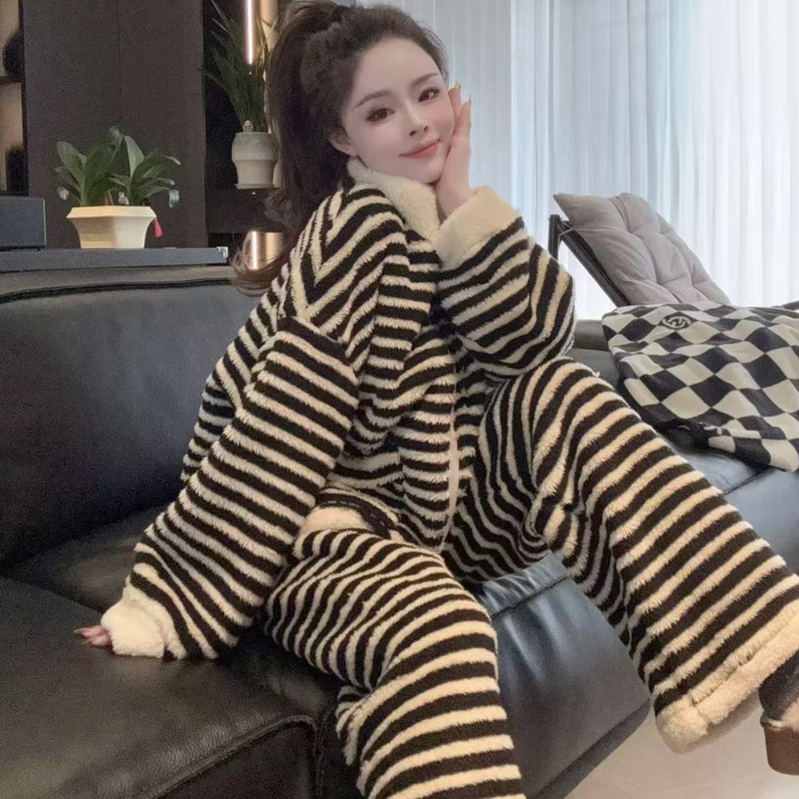 2025冬季新款韩版简约条纹立领双面绒睡衣女加绒加厚毛绒家居服