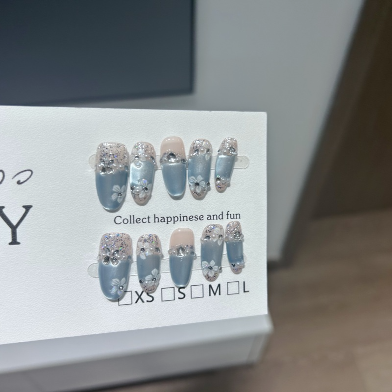 【薄暮私语】手工法式蓝色猫眼爆闪显白高级感穿戴甲少女心美甲贴片