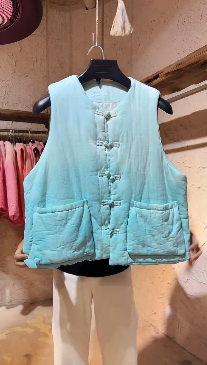 蓝染植物染对襟马甲