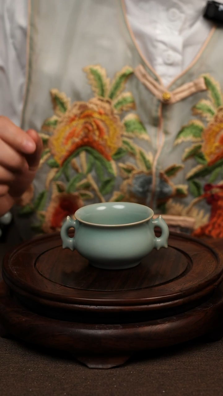 瓷片仿古天青全手工双耳杯60ml 微瑕 不带礼盒