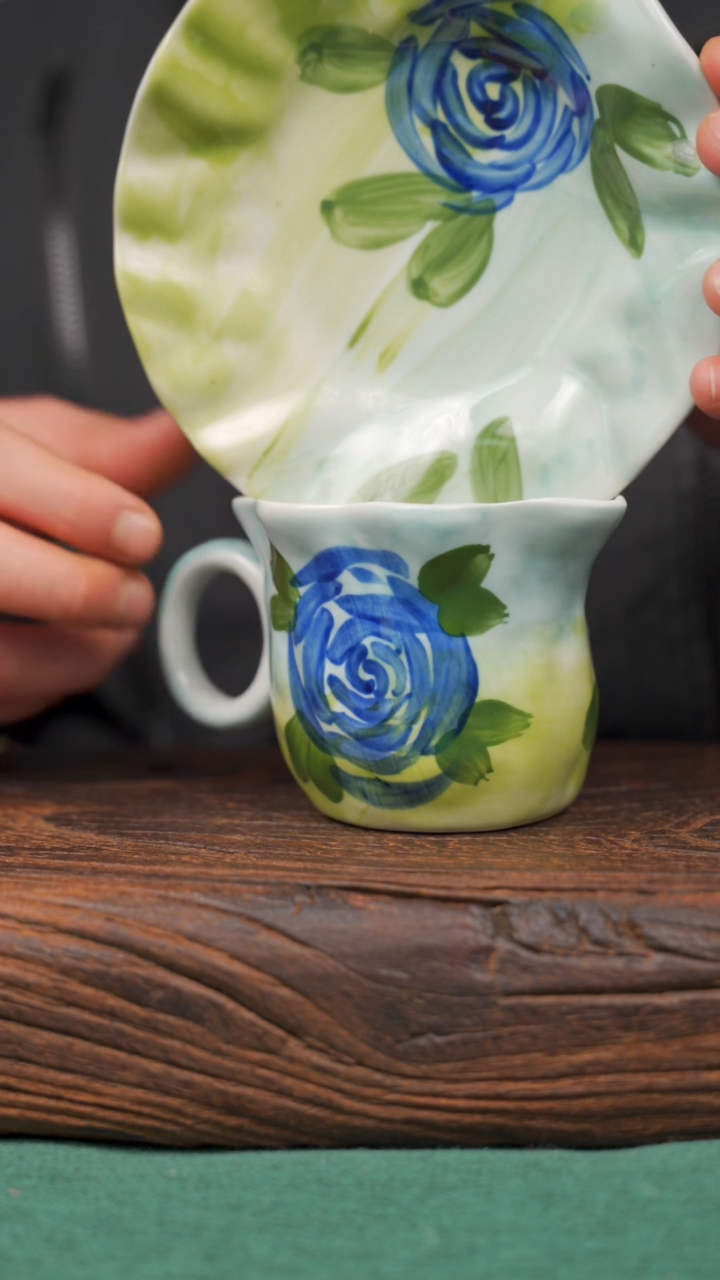 【闪购商品】瓷片寻一缕瓷香杯釉下手工手绘瓷器蓝玫瑰咖啡杯