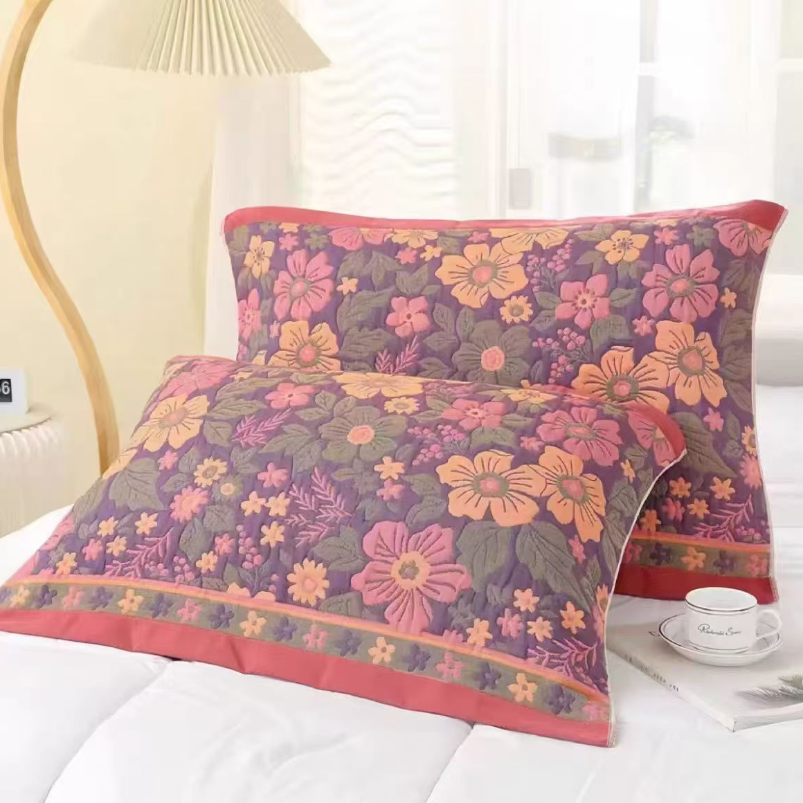 纯棉纱布枕巾--彩色花朵52*78高档透气成人加厚加大棉枕柔软细纱