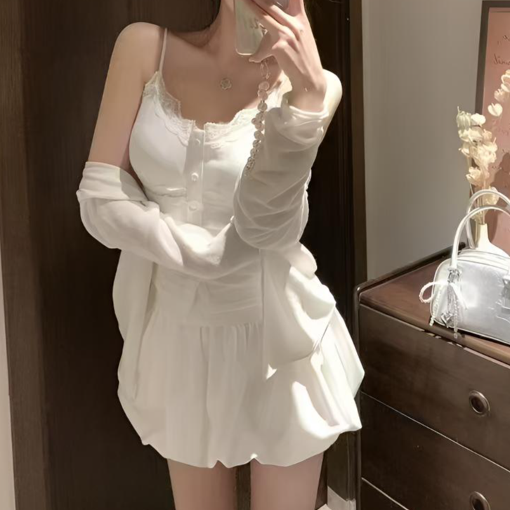 纯欲吊带外搭花苞裙套装法式套装显瘦气质蕾丝