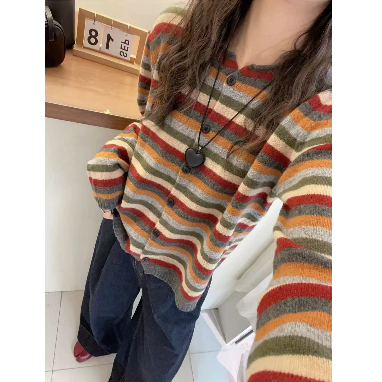【运费补贴】彩色条纹开衫上衣女毛衣春秋宽松圆领套头针织衫A617