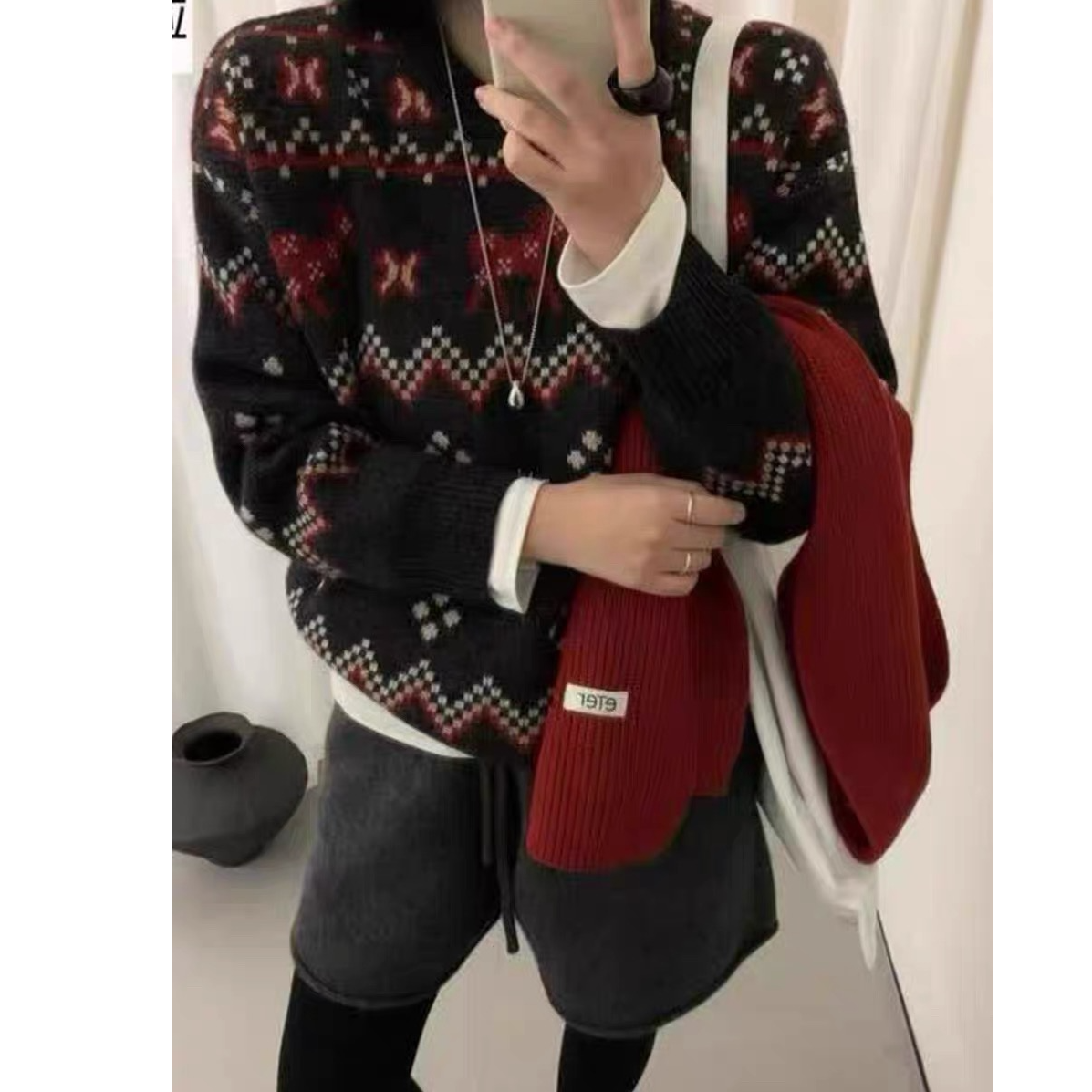 【小羊提花】深灰色套头北欧风立领毛衣针织衫开衫显瘦外套