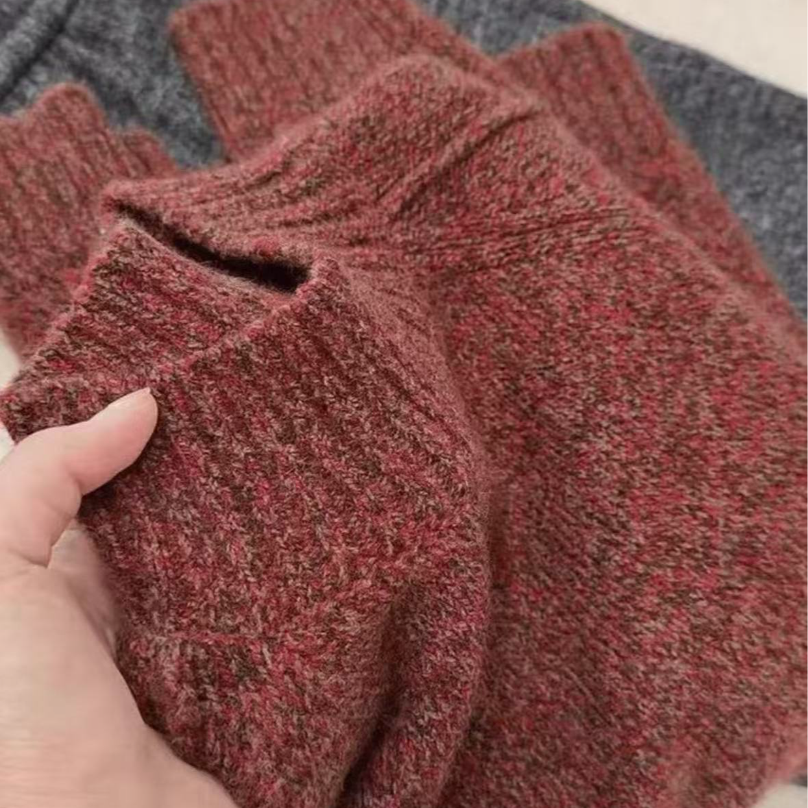 冬季韩系复古花纱红高领套头针织衫S144