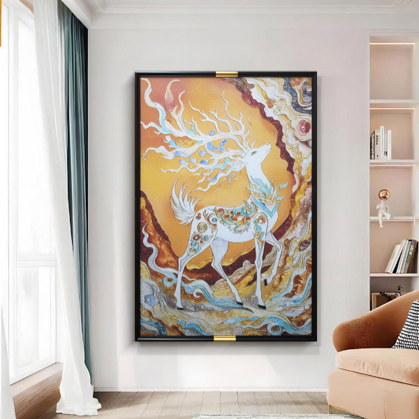 现代轻奢入户玄关壁画皮革烫金餐厅走廊画高端大气背景画鹿80120