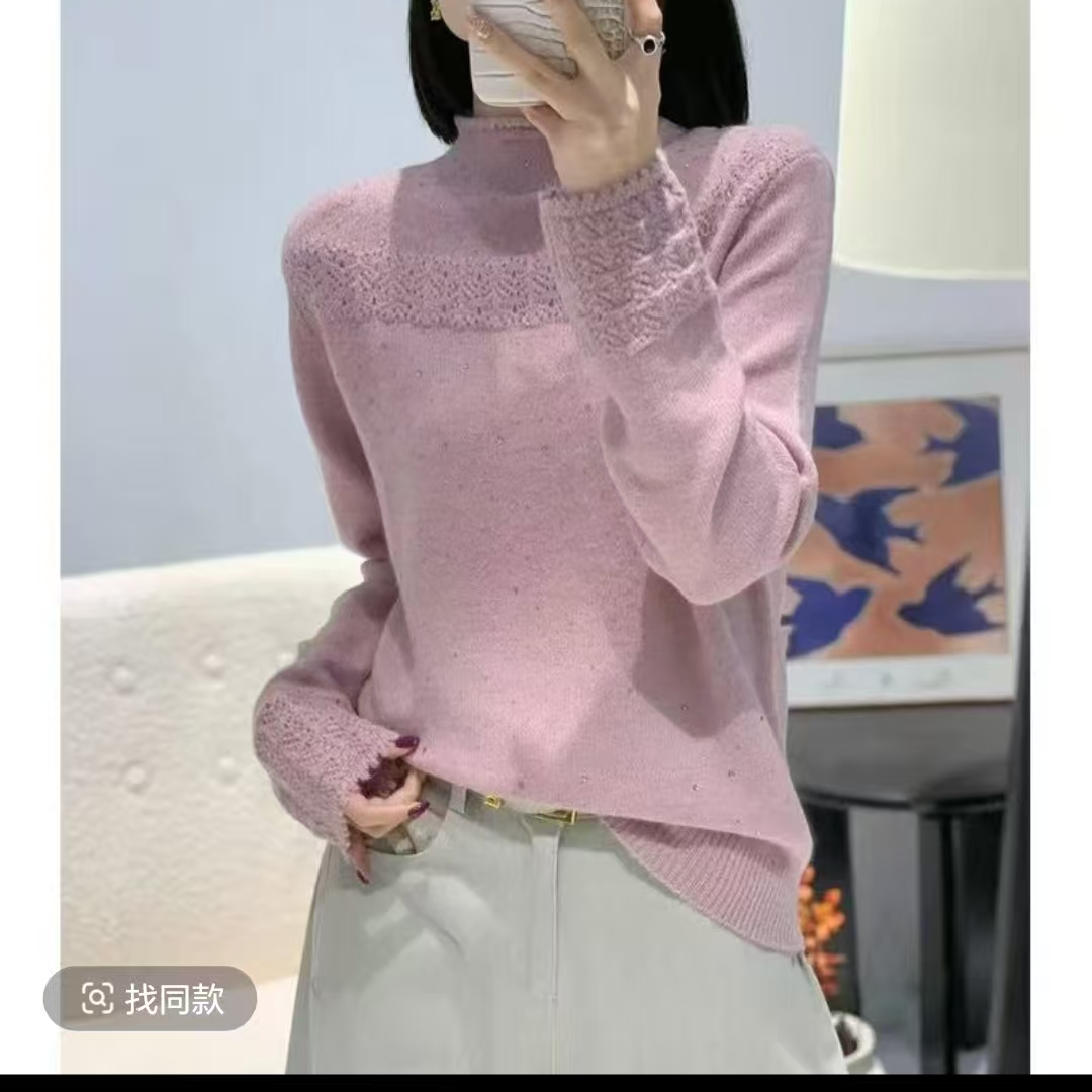 994-【粉满钻勾花】高级气质针织女秋冬季时尚毛衣上衣针织衫打底衫