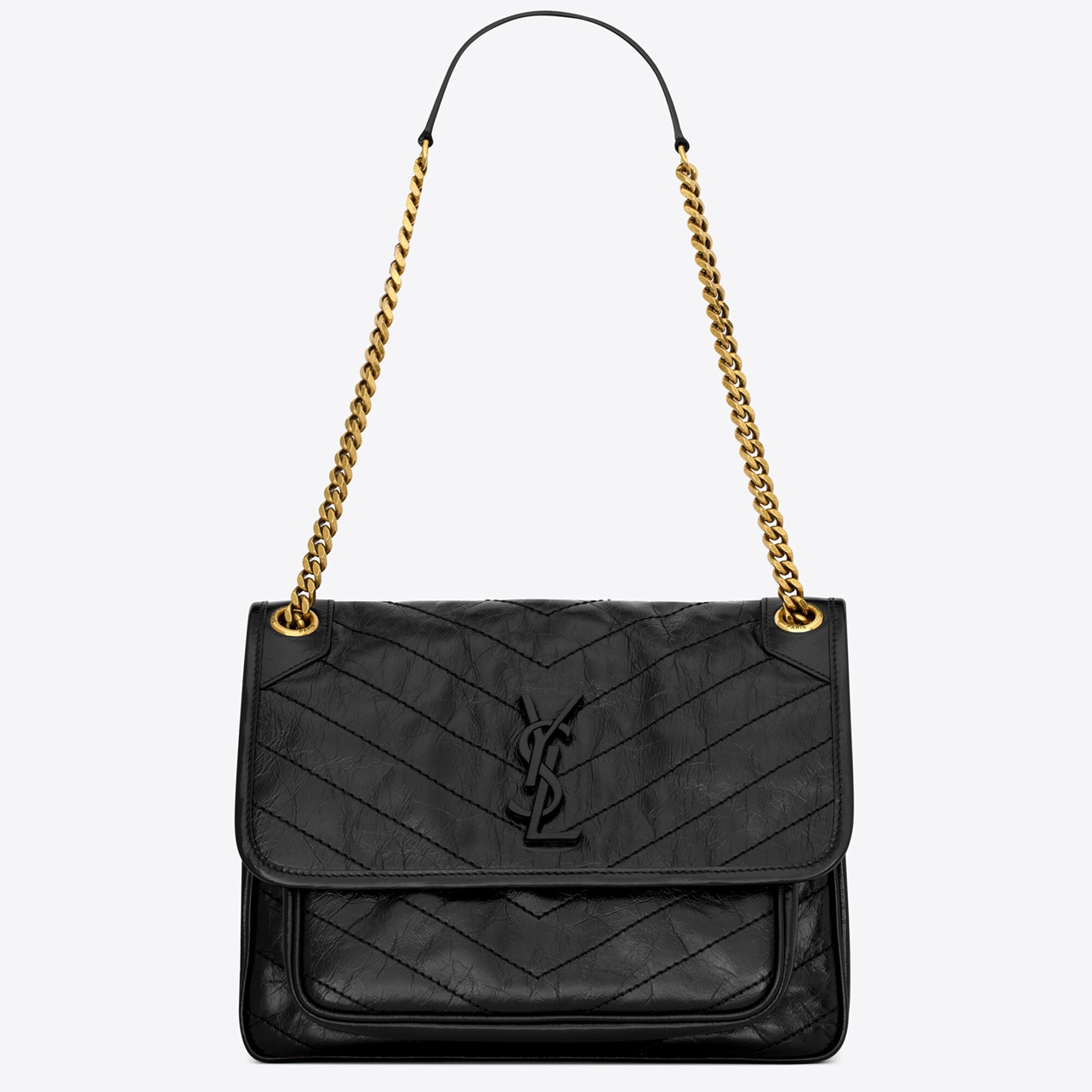 99新 YSL/圣罗兰 D扣中号niki黑色流浪包斜挎包经典口盖包