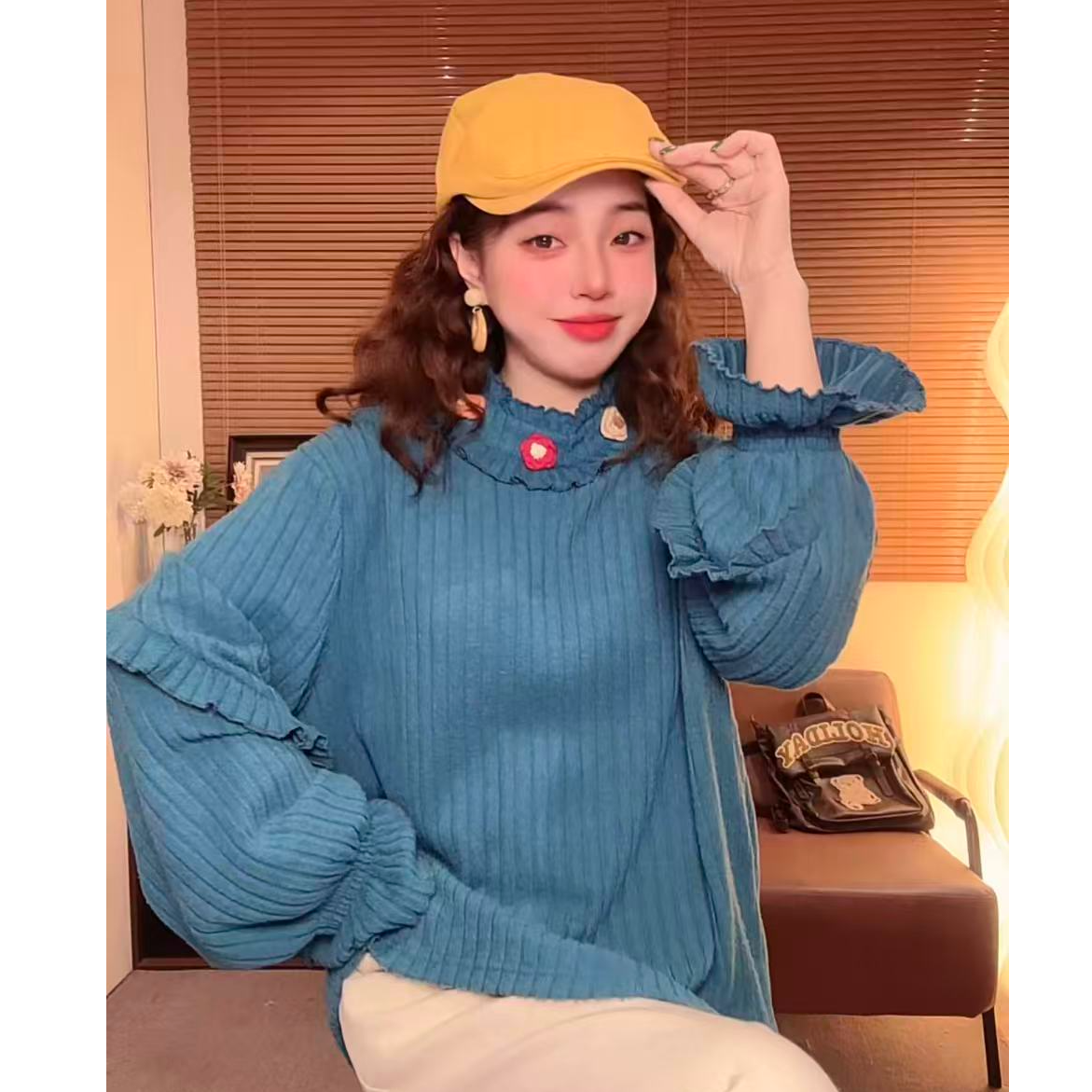 园园推荐【磨毛小花】复古韩系毛织百搭休闲宽松衬衫上衣