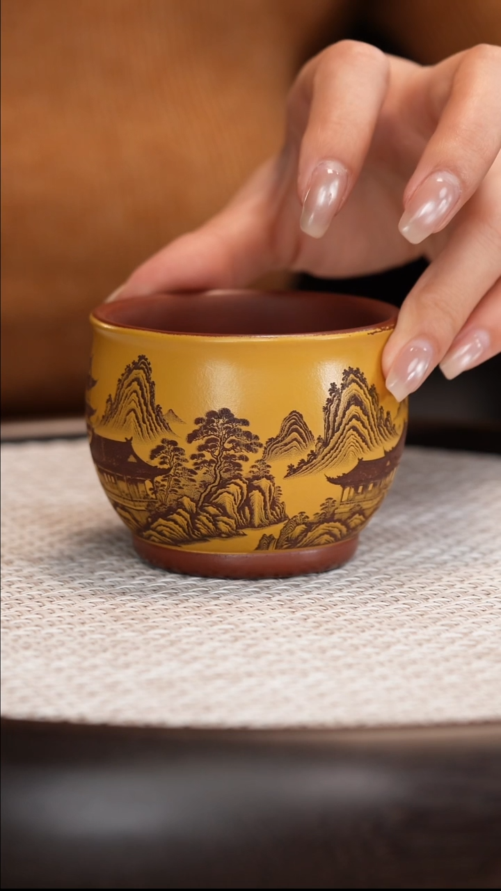 紫砂茶具底槽清山水杯