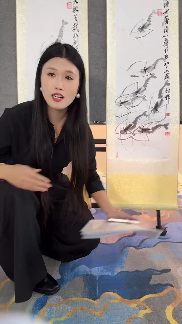 摆件瓷齐老师《墨虾四条屏》摆件9带证书