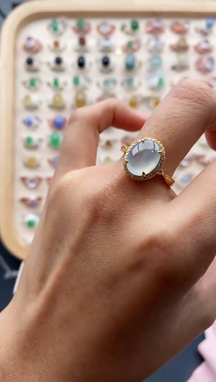 【闪购商品】翡翠戒指银S925镶嵌缅甸天然A货翡翠333  4+10