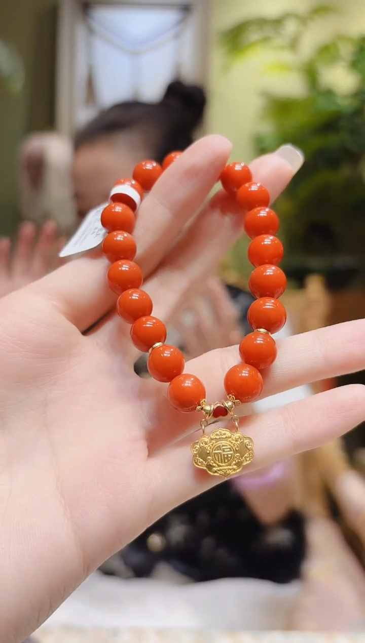 【闪购商品】南红玛瑙手串18K金镶嵌福喜上眉梢小金锁南红手串