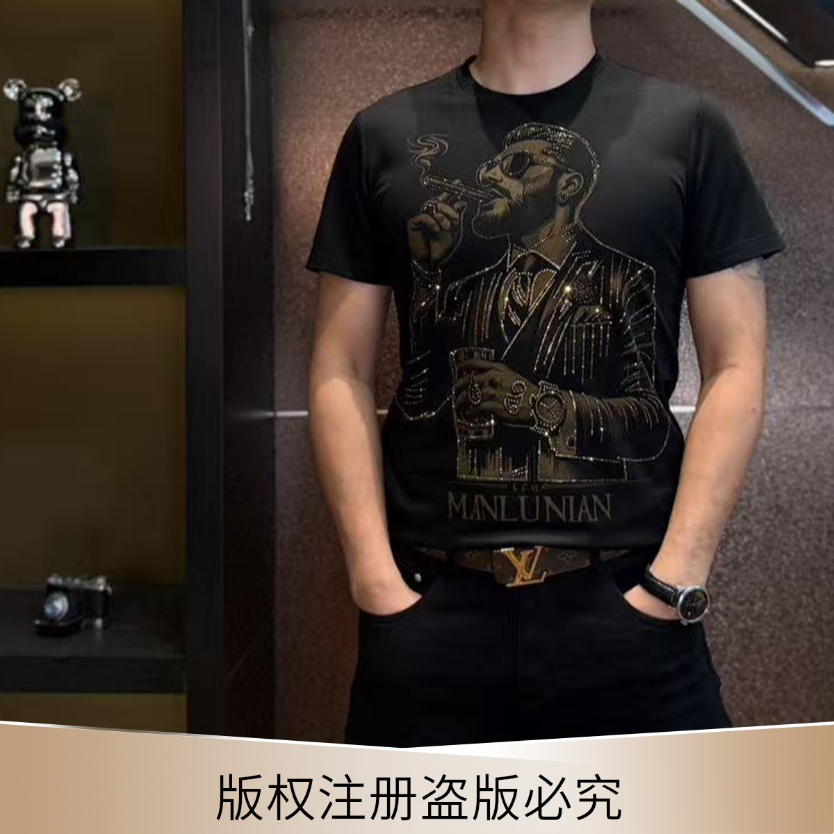 2025新款西装头像烫钻印花修身短袖男款时尚休闲夏季黑色半袖