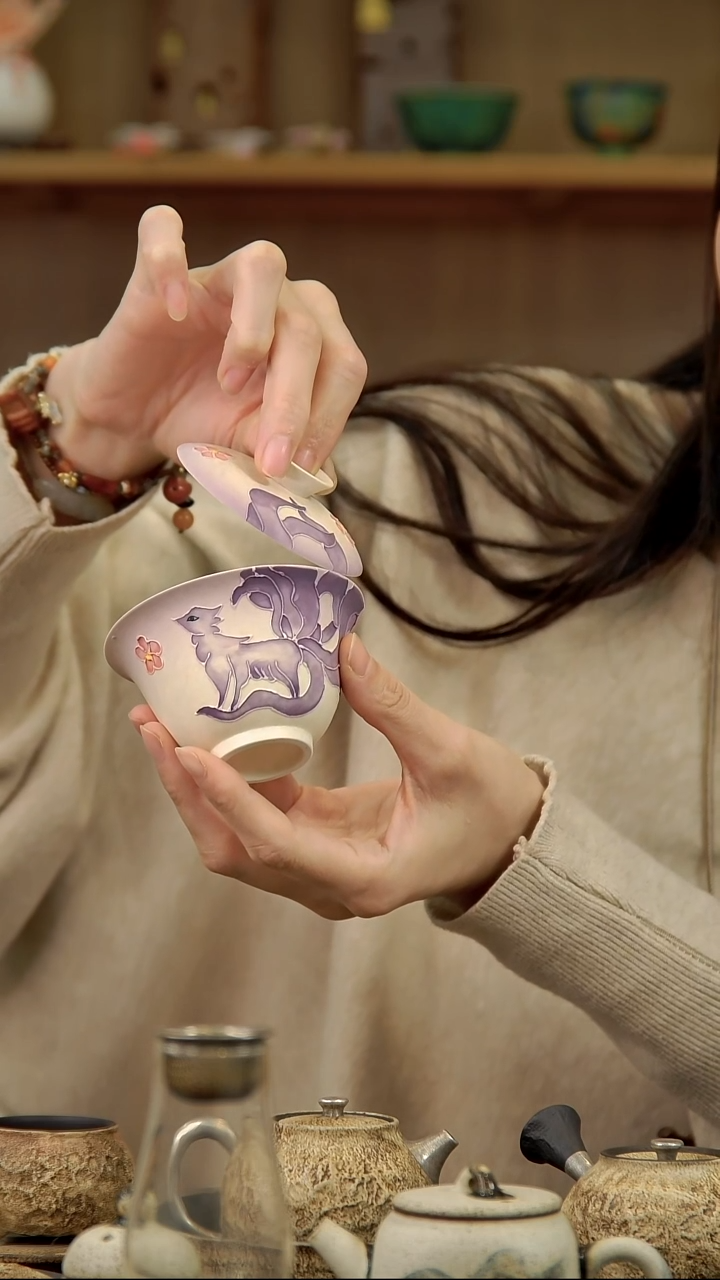 言野手作 点彩紫月两才盖碗