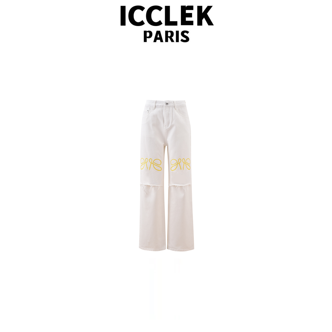 ICCLEK 白色立体印花高腰百搭气质修身显瘦直筒简约通勤裤子-9056