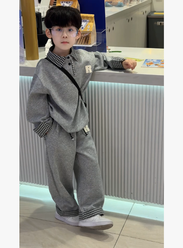男女童格子领套装2025春秋季儿童假两件衬衫领卫衣学院风两件套潮