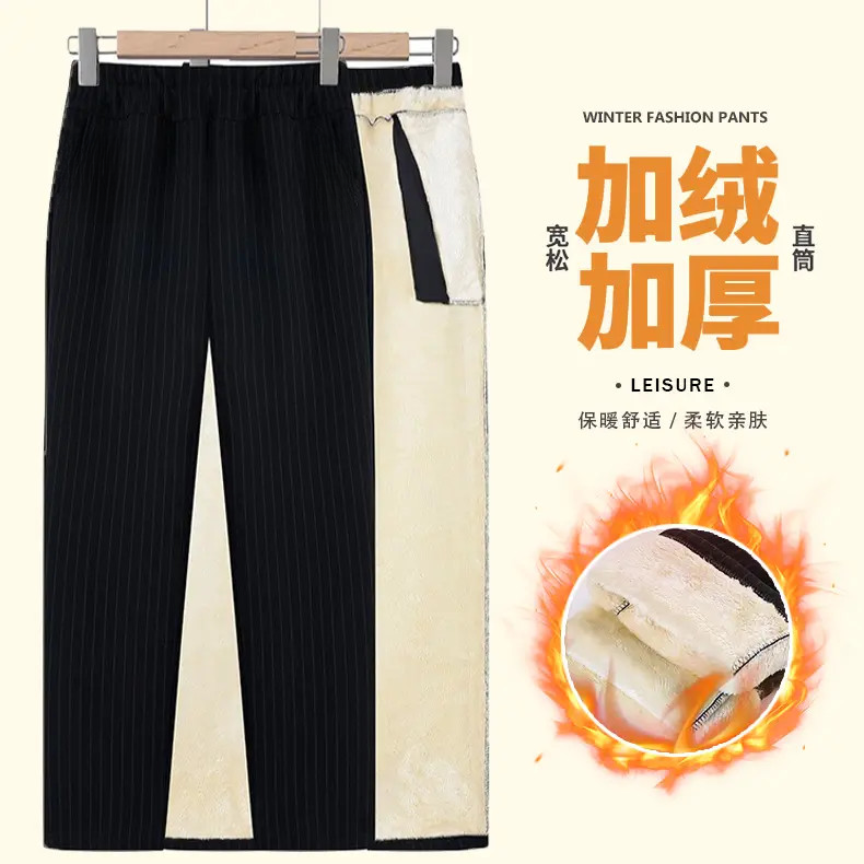 A068加绒加厚妈妈裤子宽松休闲女裤大码中老年外穿直筒裤保暖棉裤