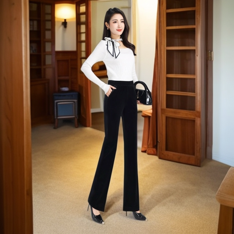 高腰垂感黑色金丝绒窄版直筒微喇裤女春秋冬百搭显瘦休闲长裤