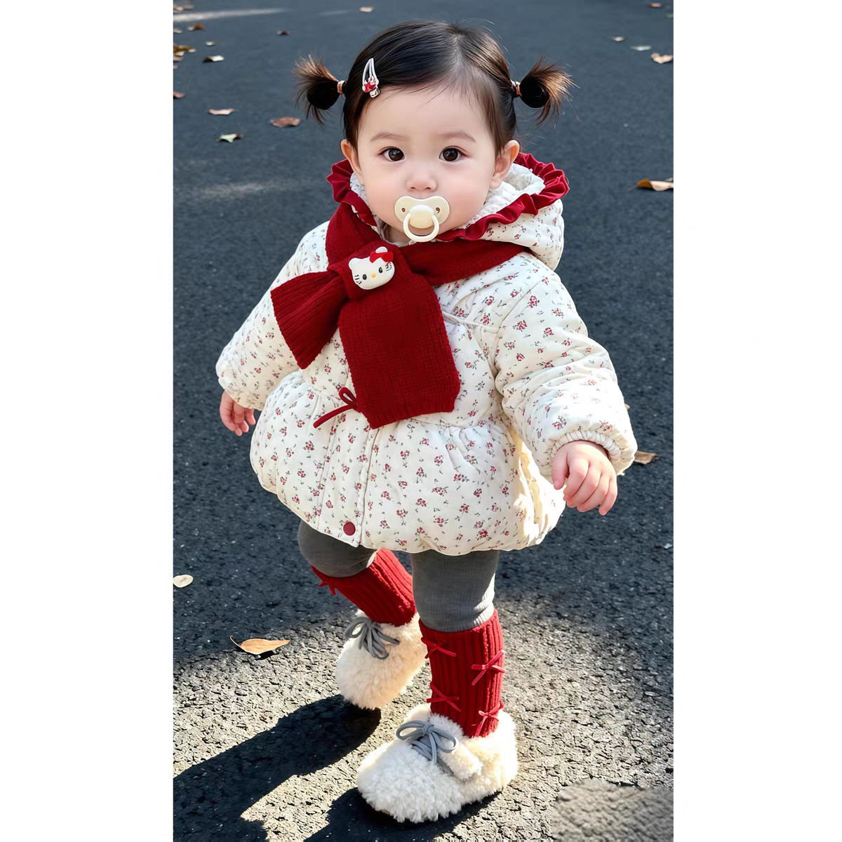 冬季加厚碎花韩版女童连帽保暖棉服外套