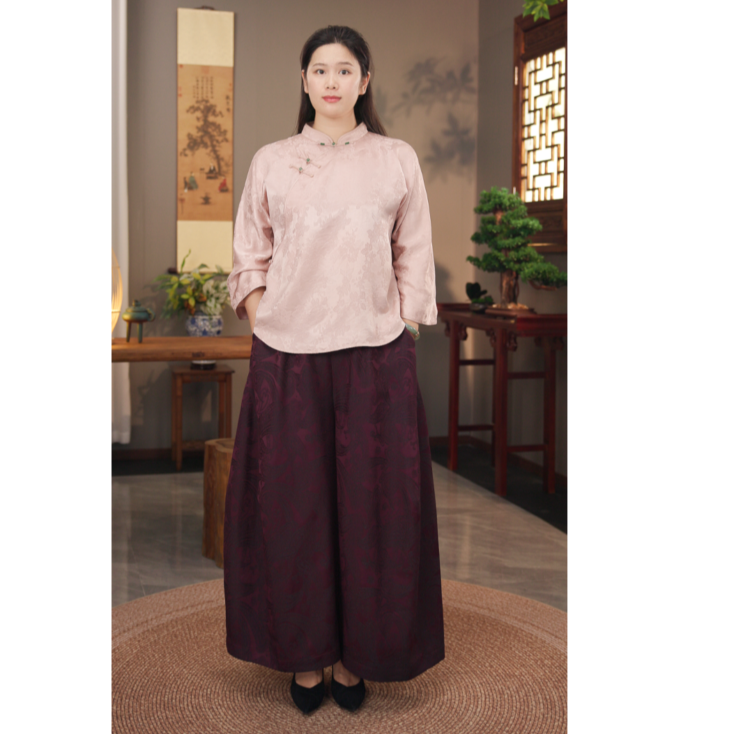 【紫鸢 】 新中式国风百搭阔腿气质舒适简约复古提花时尚秋冬季长裤