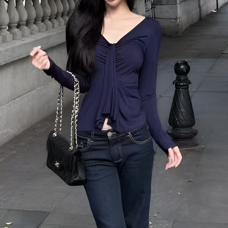 纯欲风性感辣妹V领设计感褶皱修身打底衫女秋季长袖T恤百搭上衣