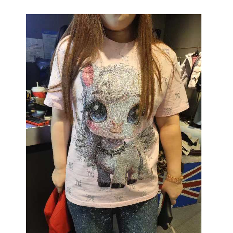 TCH【时尚潮牌】25新款新时尚烫钻百搭女装粉色短袖T恤T78B106013