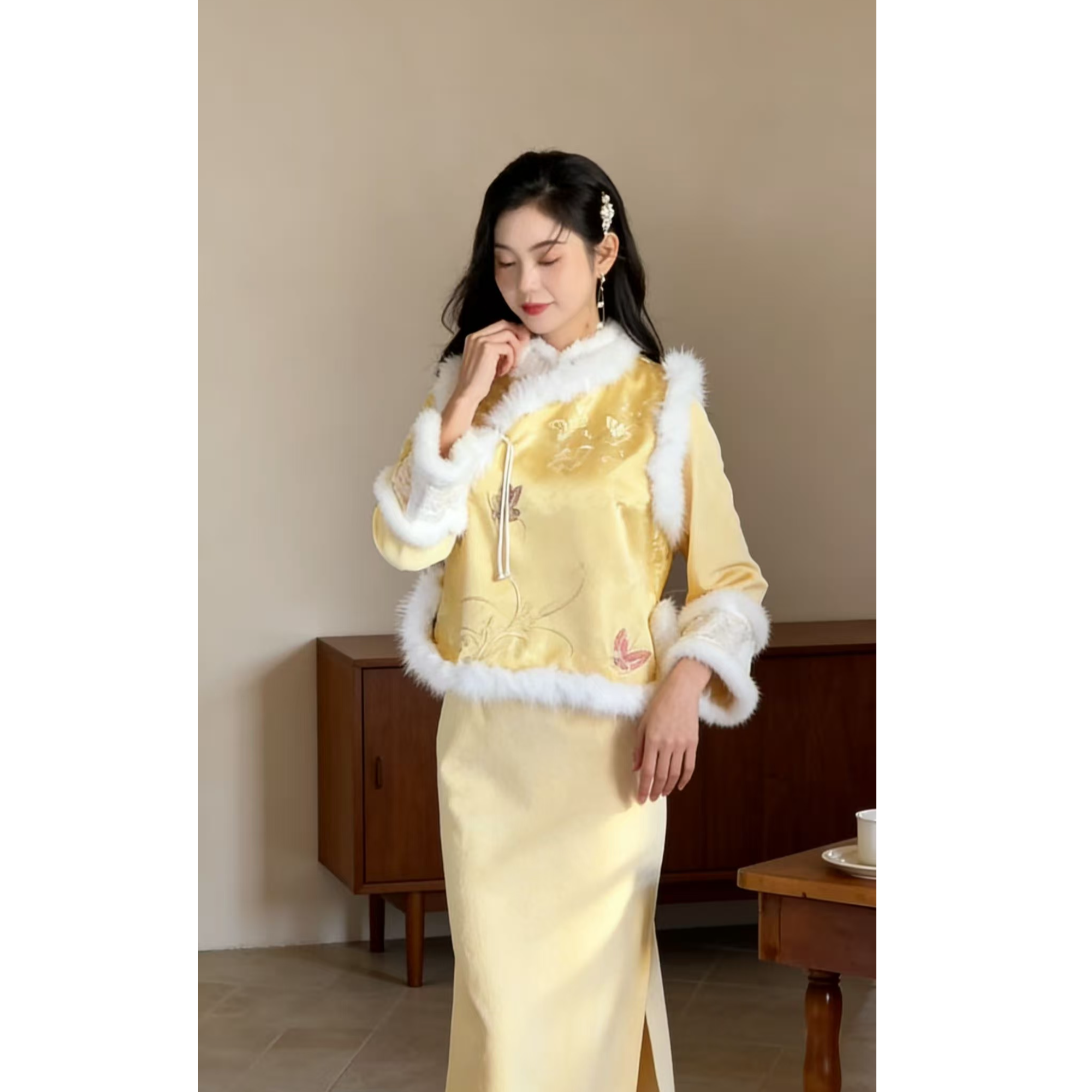 【秋序暖阳】自制冬款黄色色加厚新年战袍百搭保暖旗袍衣长120cm