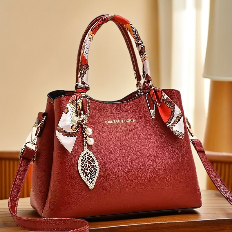 喜婆婆时尚百搭包包妈妈款简约大气女士手提包轻奢红色洋气手拎包