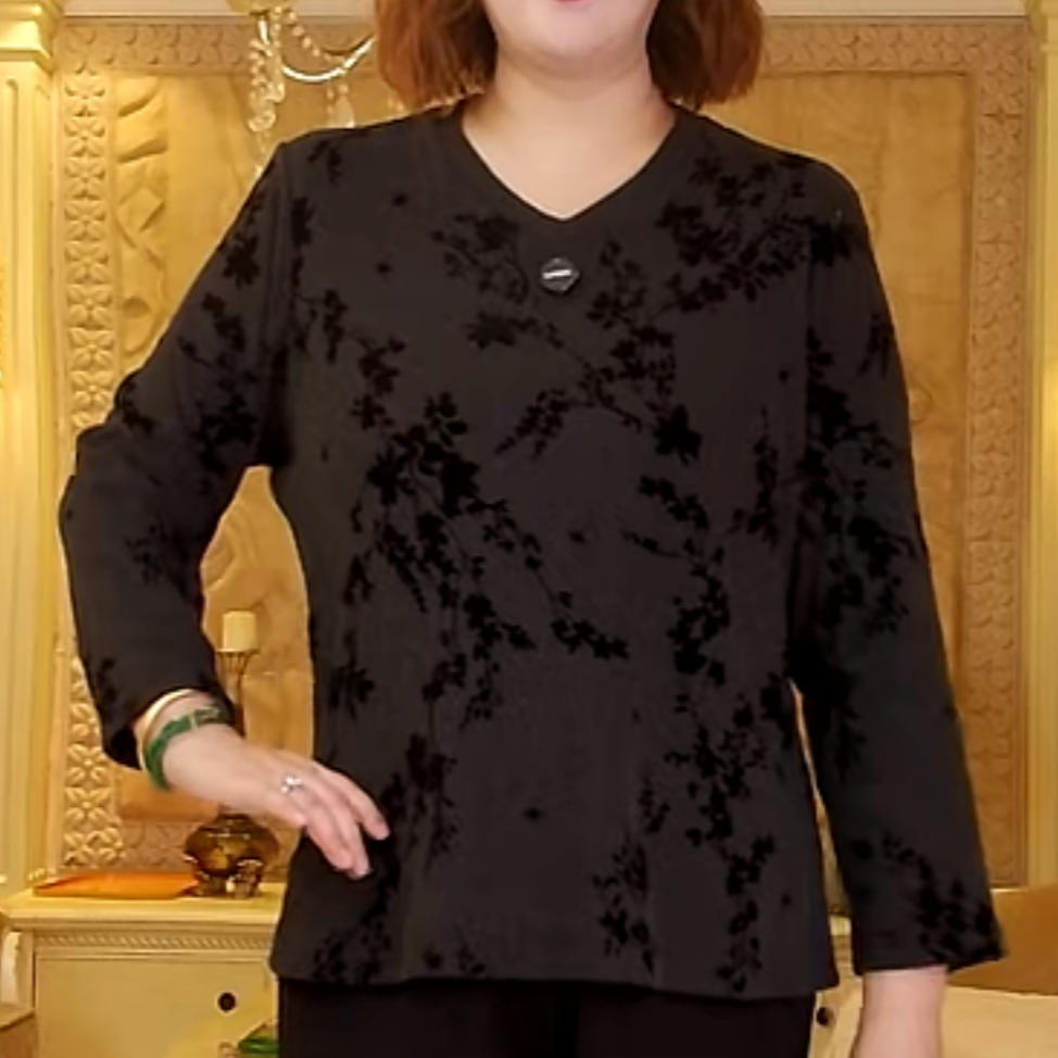 5596新花大码女装秋冬打底衫加肥中老年妈妈小衫V领显瘦百搭上衣