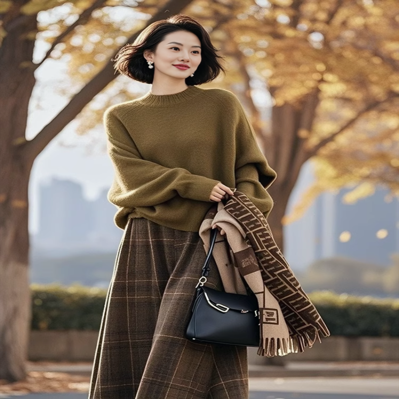 4139+4140新款搭配整套韩系穿搭宽松显瘦绿色毛衣格子半身裙套装