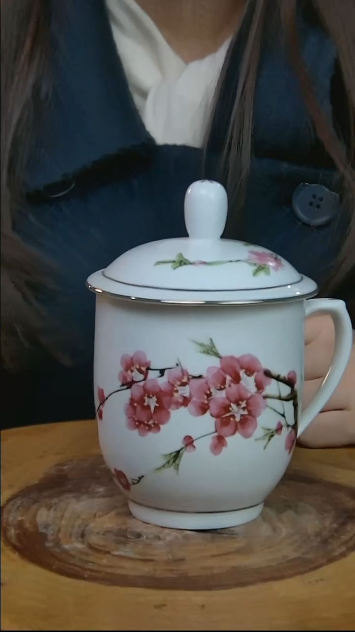 摆件陶水点桃花描金办公杯