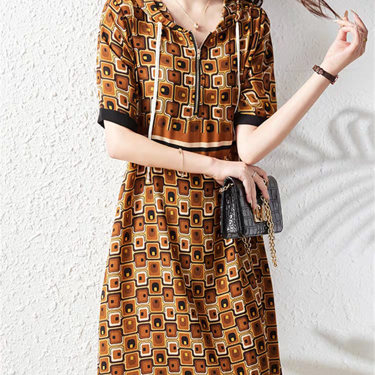 X25 72105 连帽雪纺连衣裙子女士新款短袖a字气质中长裙