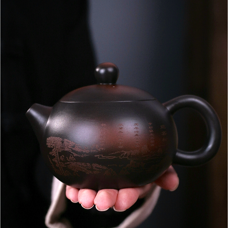 紫陶迎客松西施凤鸣壶大容量家用中式泡茶壶复古大号紫砂壶S