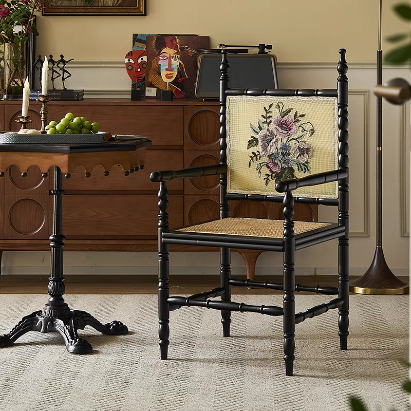 刺绣餐椅复古法式轻奢刺绣扶手椅子手工藤编实木名国风书桌椅