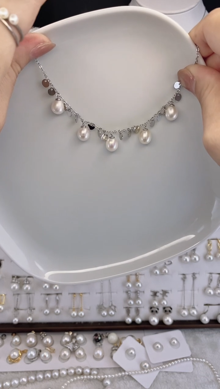 钛钢耳饰淡水珍珠五珠毛衣链