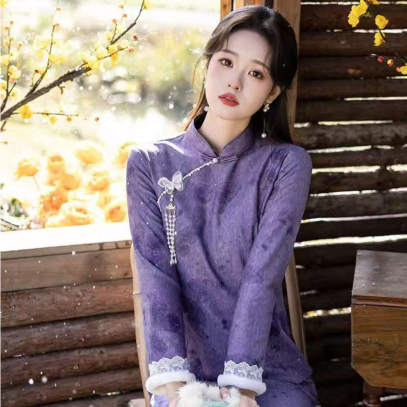 紫色冬装加绒加厚国风中式长款长袖旗袍2025新款女复古收腰秋冬季